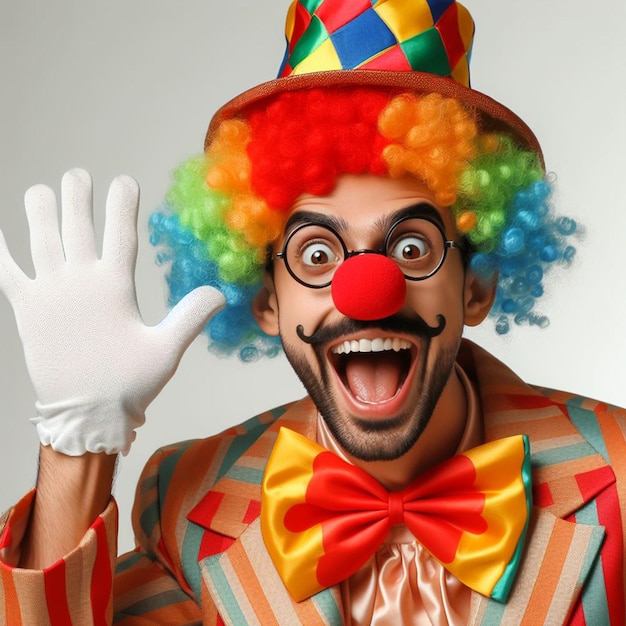 un uomo vestito da clown su uno sfondo bianco