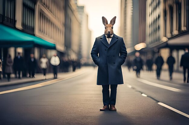 un uomo vestito da coniglio con un cappello in testa si trova in una strada.