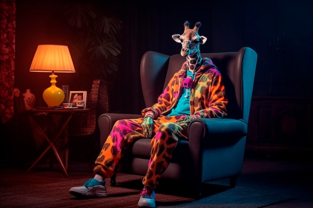Un uomo vestito da giraffa siede su una sedia in una stanza buia con una lampada e una lampada.