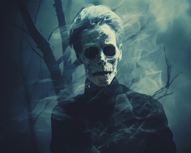 un uomo vestito da scheletro con il fumo che gli esce dalla bocca