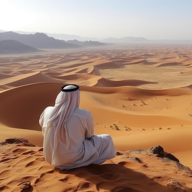 Un uomo vestito di bianco siede su una scogliera nel deserto.