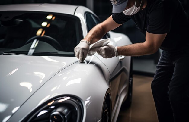 un uomo vestito di bianco sta pulendo un'auto nera