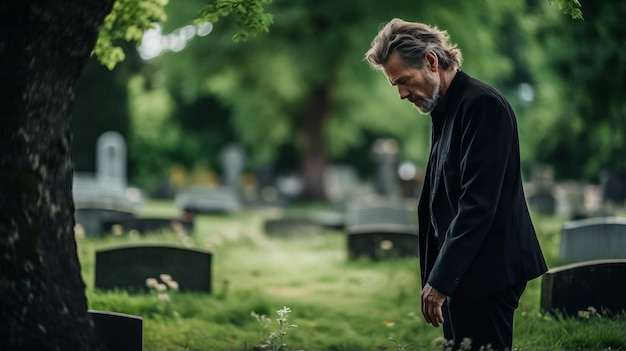 Un uomo vestito di nero si trova in un cimitero in una soleggiata giornata estiva