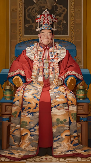 un uomo vestito di rosso e oro seduto su una sedia blu