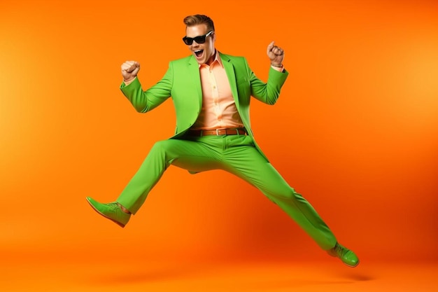 un uomo vestito di verde che salta in aria