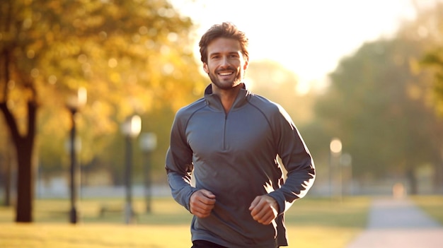 Un uomo Yonung che fa jogging al parco al mattino Un uomo che corre nel parco