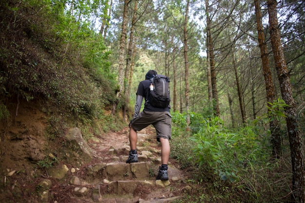 Un uomo zaino in spalla viaggia da solo, con lo zaino in montagna