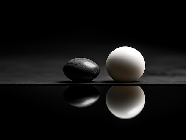 Un uovo bianco e nero e un uovo nero su una superficie nera.