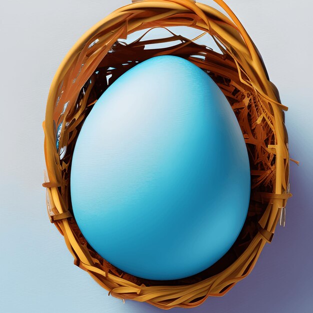 Un uovo blu si trova in un nido su uno sfondo blu.