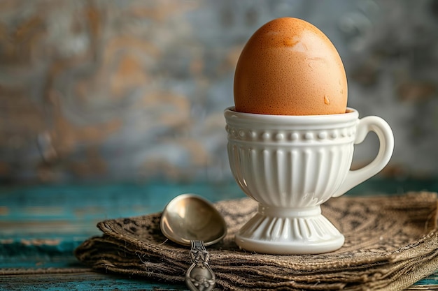 Un uovo bollito in una tazza di uova per la colazione su una superficie di legno generata dall'AI