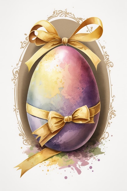 Un uovo colorato con un nastro d'oro legato intorno.