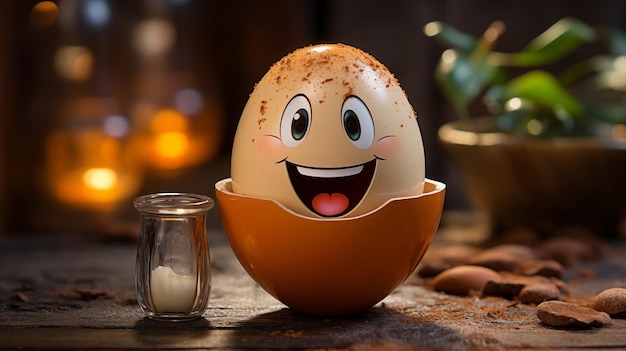 un uovo con una faccia sorridente su di esso si siede su un tavolo
