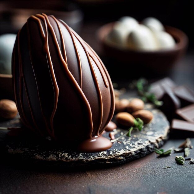 Un uovo di cioccolato con sopra le mandorle si trova su un tavolo.