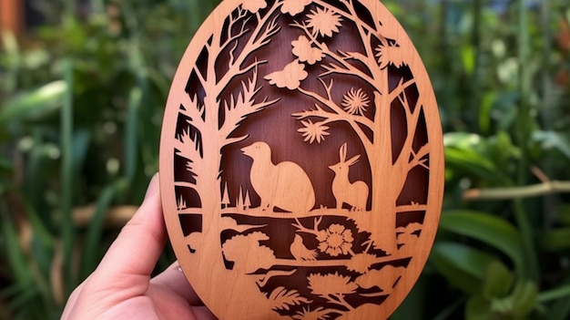 Un uovo di legno con sopra un uccellino e due conigli.