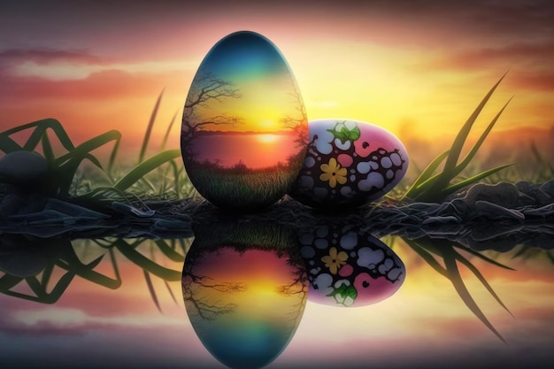 Un uovo di Pasqua colorato con un tramonto sullo sfondo