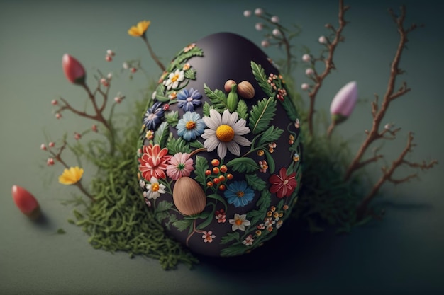 Un uovo di Pasqua con fiori e piante sopra.