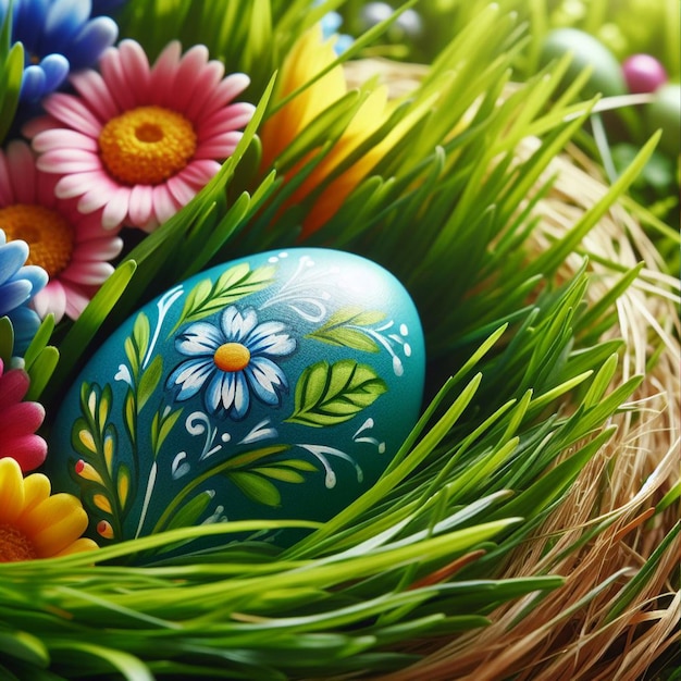 Un uovo di Pasqua dipinto annidato in un letto di erba verde fresca o di colorati fiori primaverili