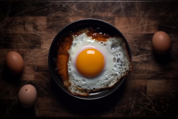 Un uovo fritto è in una ciotola con sopra una ciotola di uova.