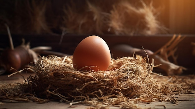 Un uovo marrone si trova sulla paglia davanti a un fienile.