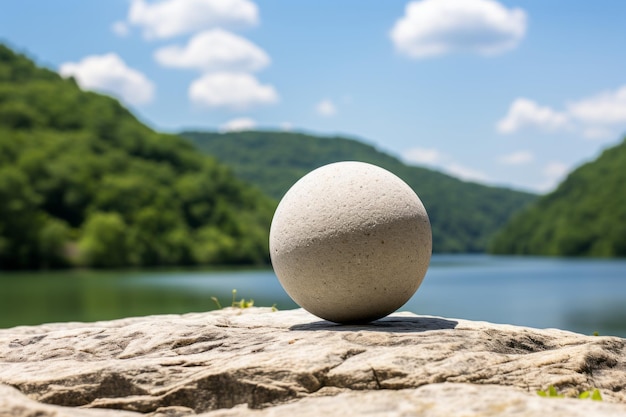 un uovo seduto su una roccia di fronte a un lago