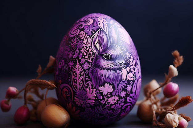 Un uovo viola con il disegno del coniglio di Pasqua