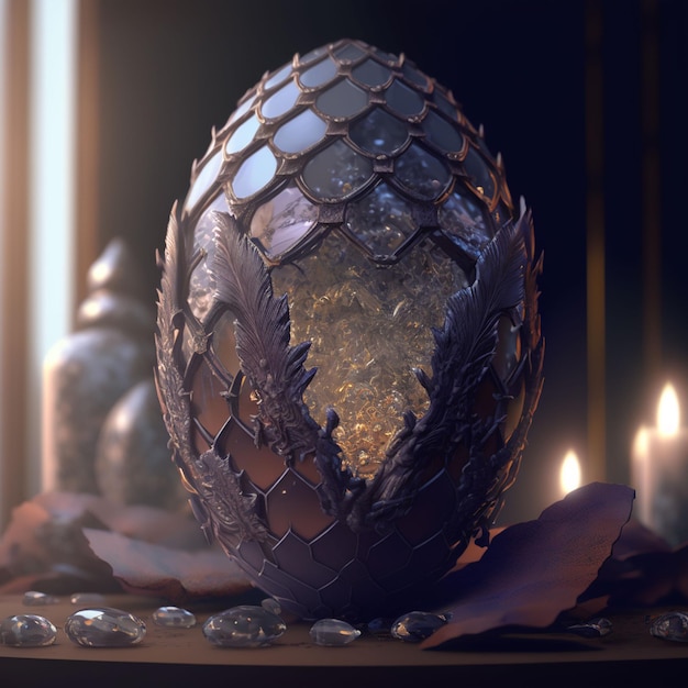Un uovo viola con il disegno di un drago sopra