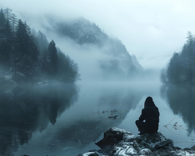 Un vagabondo contemplativo accanto a un lago tranquillo