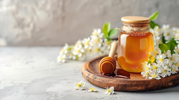 Un vasetto di miele con fiore con un grande spazio per la copia su una superficie pulita AI generativa