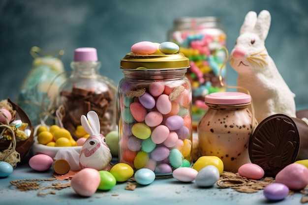 Un vasetto di uova di Pasqua al cioccolato e un coniglietto con sopra un coniglietto.