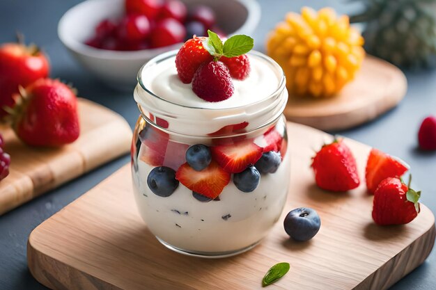 Un vasetto di yogurt con frutti di bosco in cima