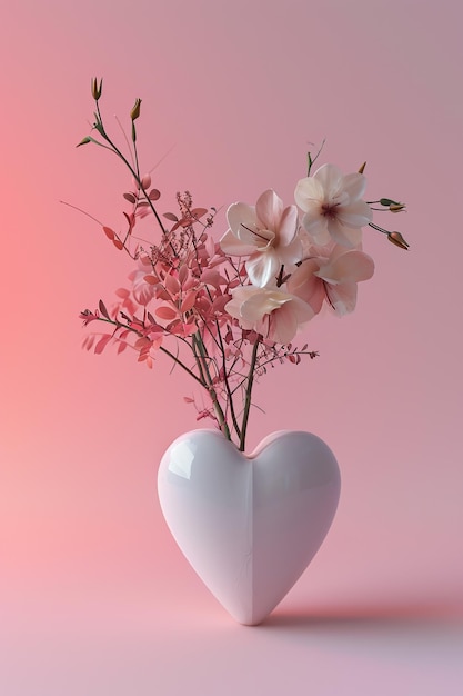 Un vaso bianco a forma di cuore con un mix di delicati fiori e fogliame rosa su uno sfondo rosa morbido