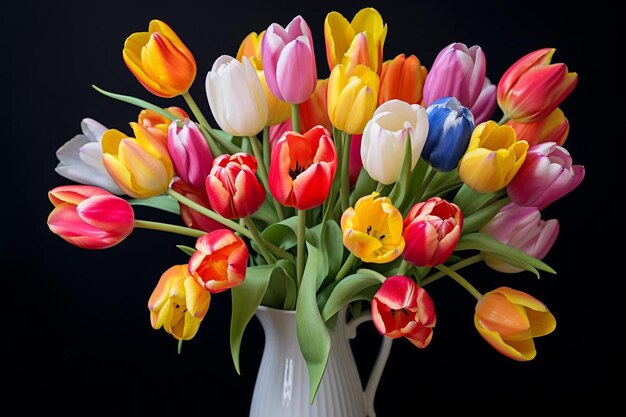 Un vaso bianco con dentro un mazzo di fiori colorati