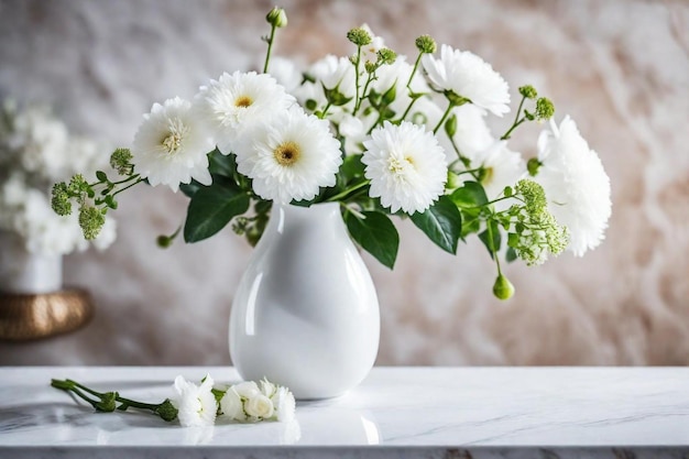 un vaso bianco con fiori bianchi in esso e alcune foglie verdi al centro