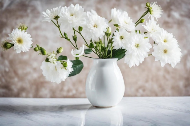 un vaso bianco con fiori bianchi in esso e un fiore bianco al centro