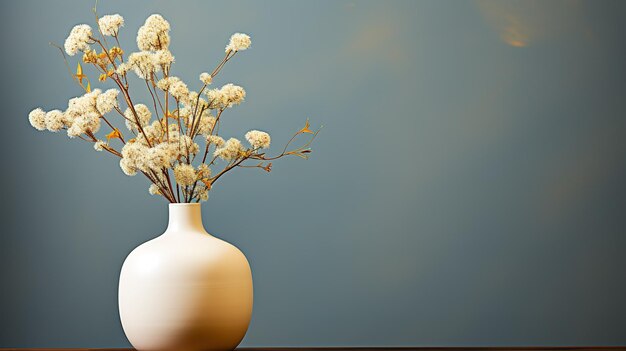 Un vaso bianco con fiori dentro e uno sfondo blu