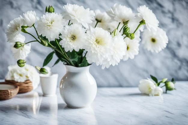 un vaso bianco con fiori e vasi su un tavolo