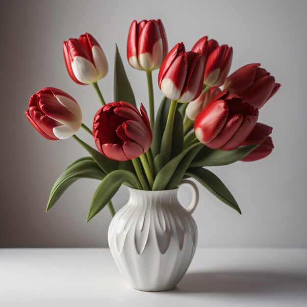 Un vaso bianco con fiori rossi e bianchi.