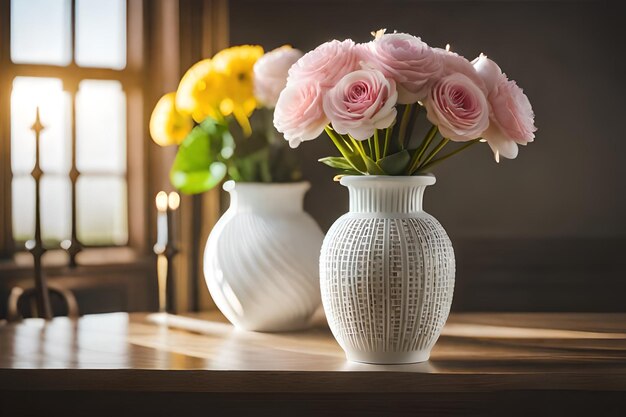un vaso bianco con rose rosa davanti a una finestra.