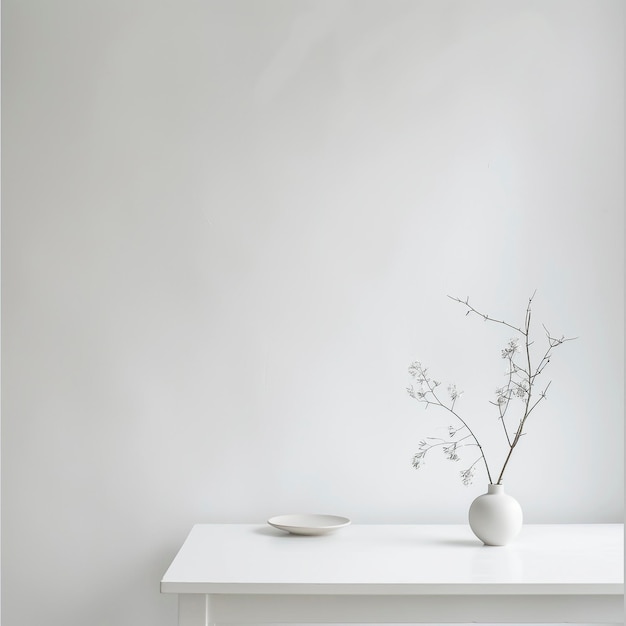 Un vaso bianco con un ramo su un tavolo
