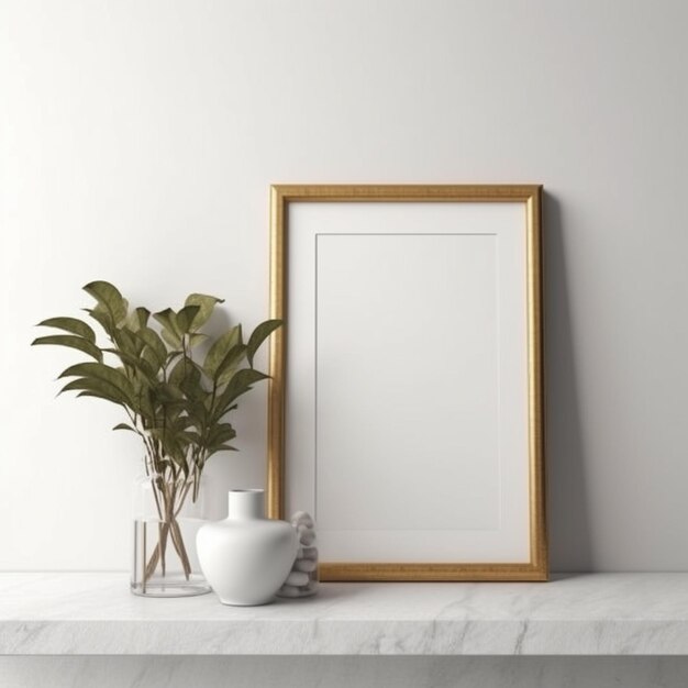 un vaso bianco con una pianta e una cornice per immagini su uno scaffale generativo ai