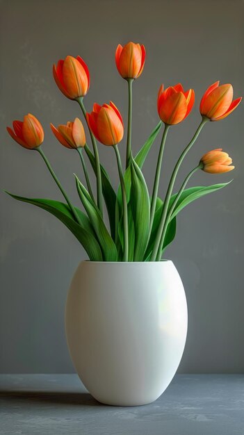 Un vaso bianco pieno di fiori arancioni