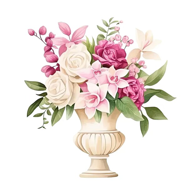 un vaso bianco pieno di fiori rosa e bianchi