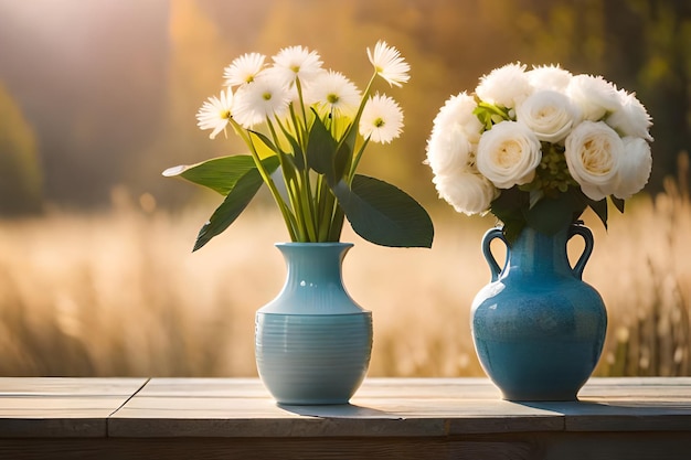 un vaso blu con fiori bianchi dentro e il sole dietro di loro