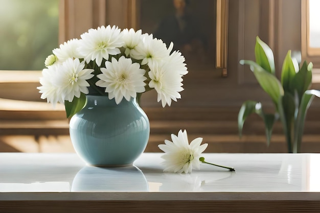 Un vaso blu con fiori bianchi su un tavolo e dietro un grande specchio.
