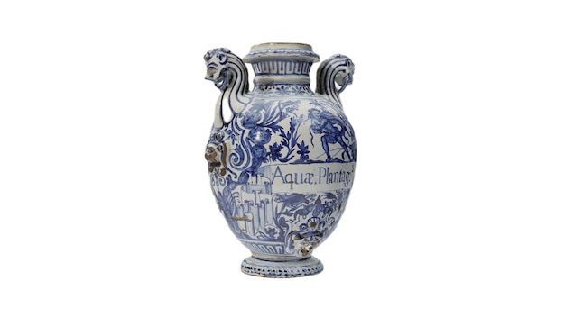 Un vaso blu e bianco con un disegno bianco con la scritta agata fallica.
