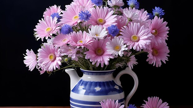 un vaso blu e bianco con un vaso di fiori blu e bianchi