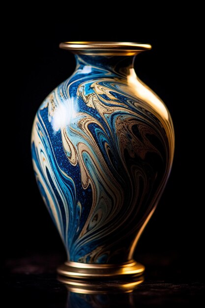 un vaso blu e oro con la parola "swirl" sul fondo.