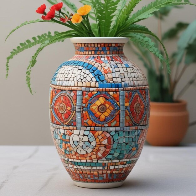 un vaso colorato con una pianta in esso che ha una pianta verde in esso