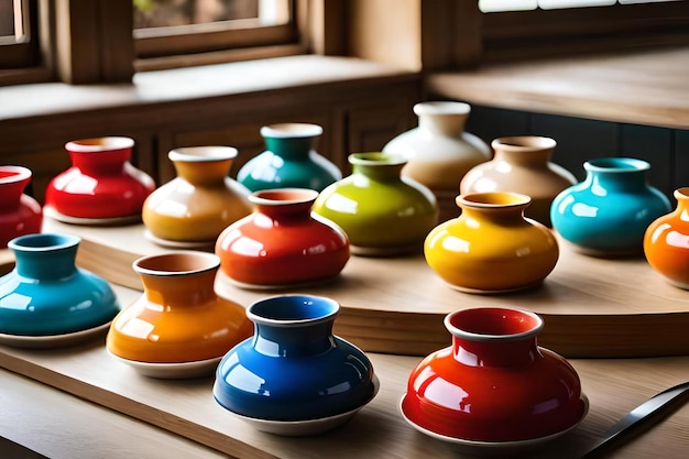 Un vaso colorato si trova su un tavolo con altri vasi colorati.
