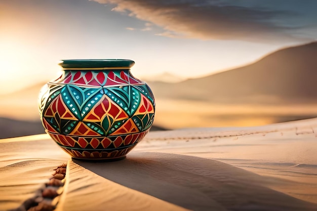 Un vaso colorato si trova su un tavolo in un ambiente desertico.